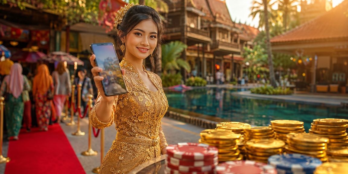 Wanita berbaju kebaya dari Kota Bharu menggunakan telefon untuk akses kasino mudah alih semasa perayaan